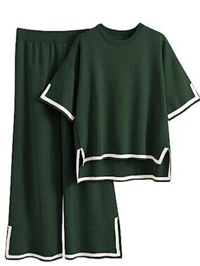 2 Piece Knit Lounge Set Short Sleeve Pullover Wide Leg High Waisted Pants